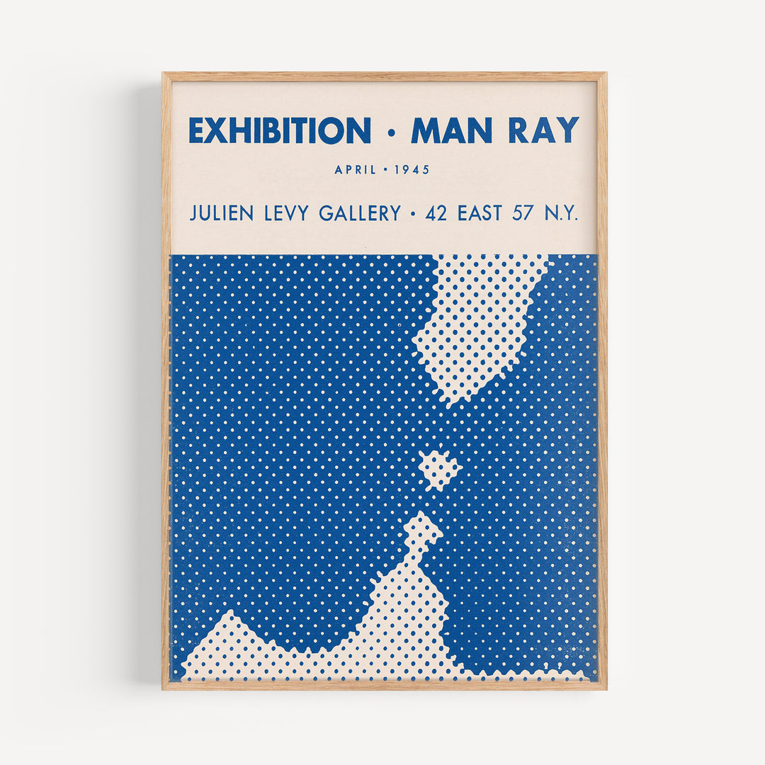 Man Ray Exhibition Poster with minimalist abstract blue and white dotted design from 1945, framed wall art print.