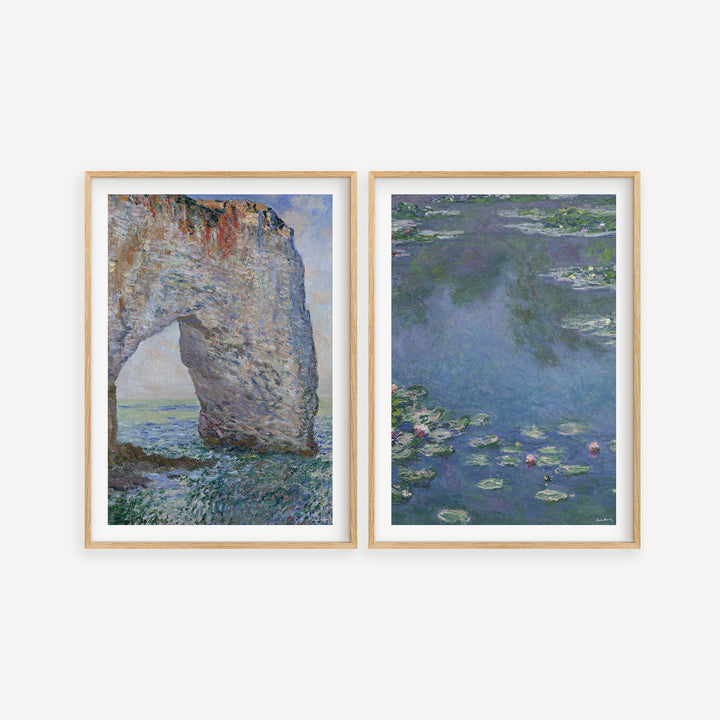 Manneporte & Water Lilies Poster Set featuring Monet’s impressionist landscapes in blue, green, and earthy tones poster wall art