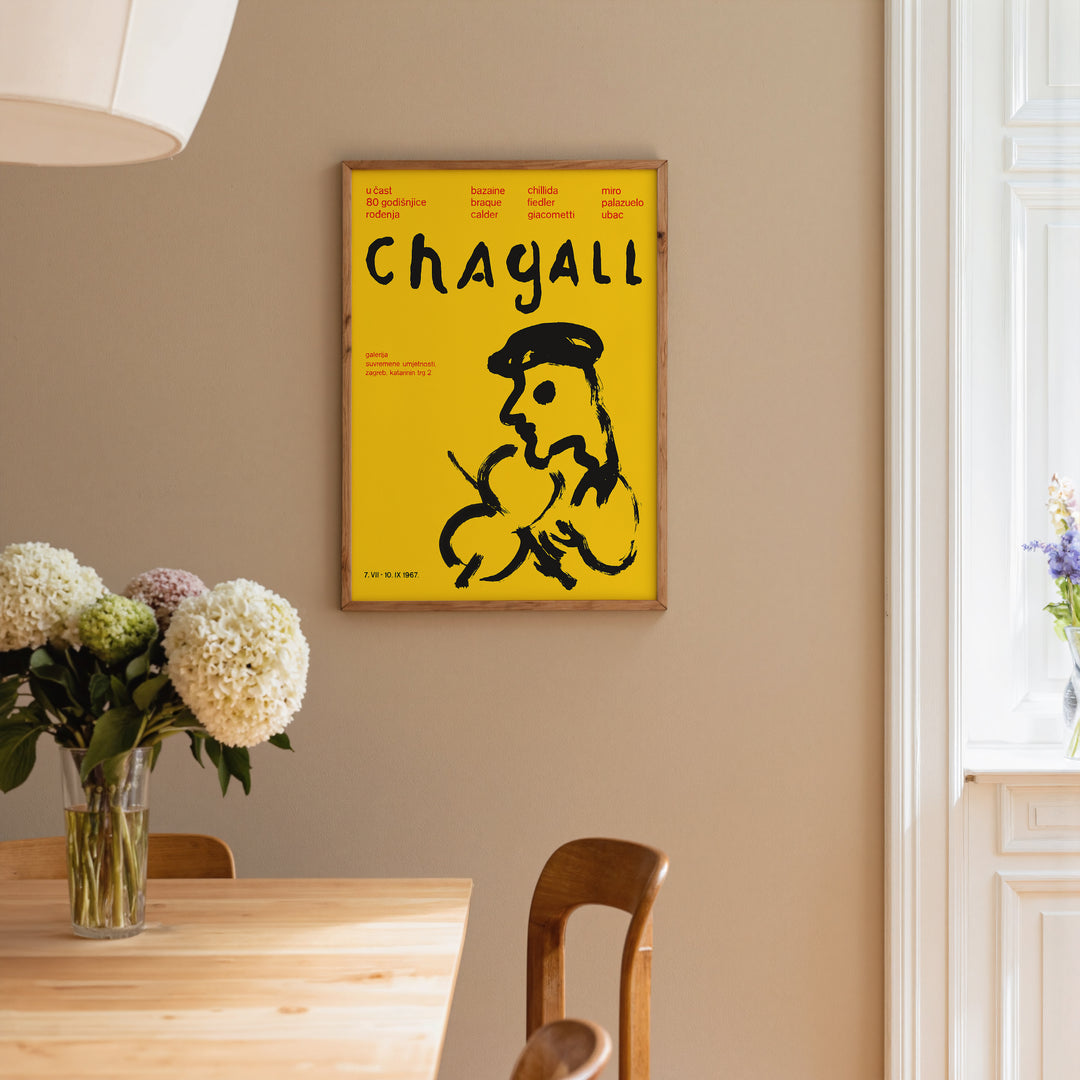 Marc Chagallin Zagreb Exhibition Poster with bold black sketch on bright yellow background, framed poster wall art