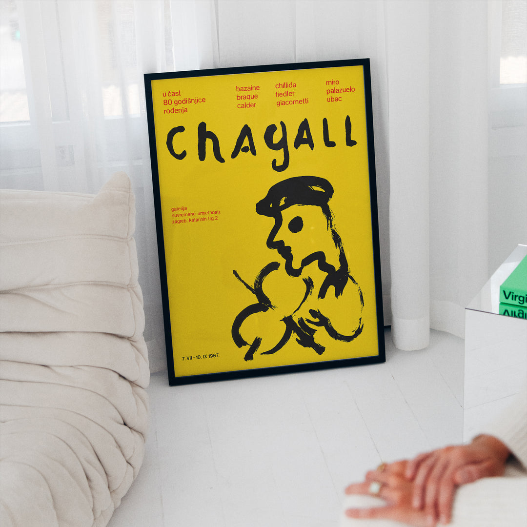 Marc Chagallin Zagreb Exhibition Poster with abstract black line art on a yellow background, framed wall art.