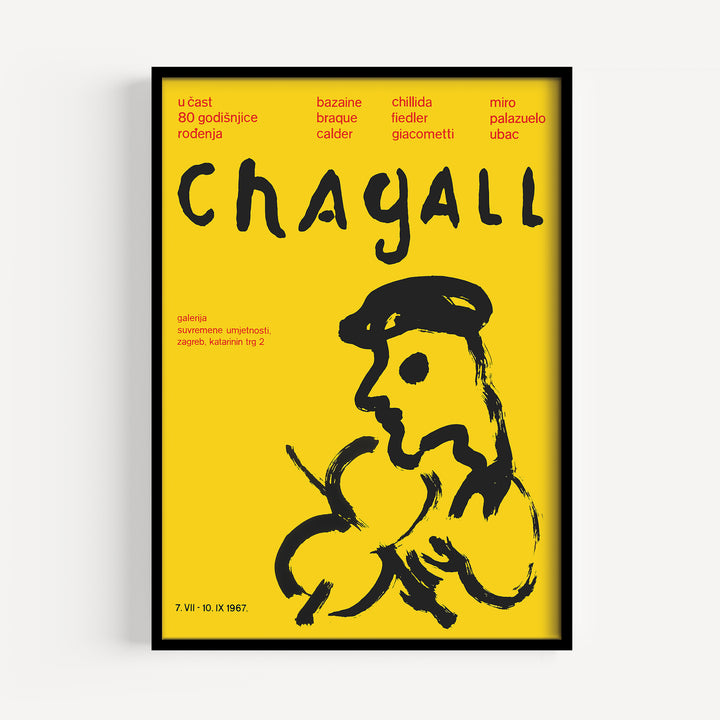 Marc Chagallin Zagreb Exhibition Poster with abstract black figure on bright yellow background, vintage art print design.
