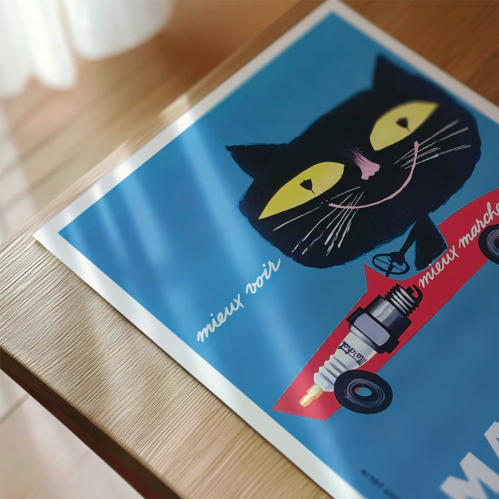 Marchal Spark Plugs Advertisement Poster vintage style with bold colors, featuring a black cat and spark plug art print.
