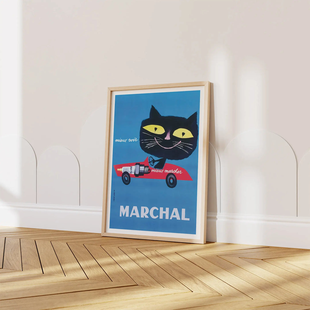 Marchal Spark Plugs Advertisement Poster vintage style with bold blue, red, and black featuring a black cat and race car art print