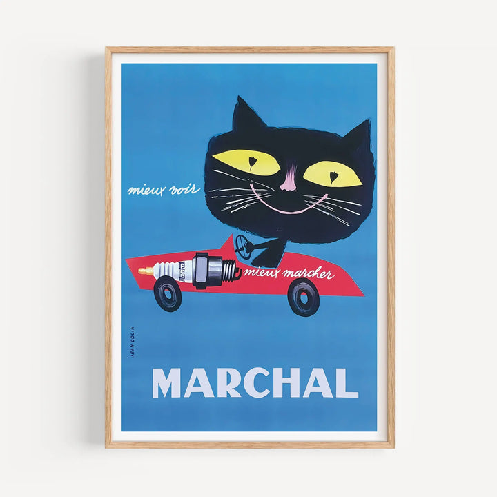 Marchal Spark Plugs Advertisement Poster vintage style with blue background, black cat, red car, and spark plug illustration.