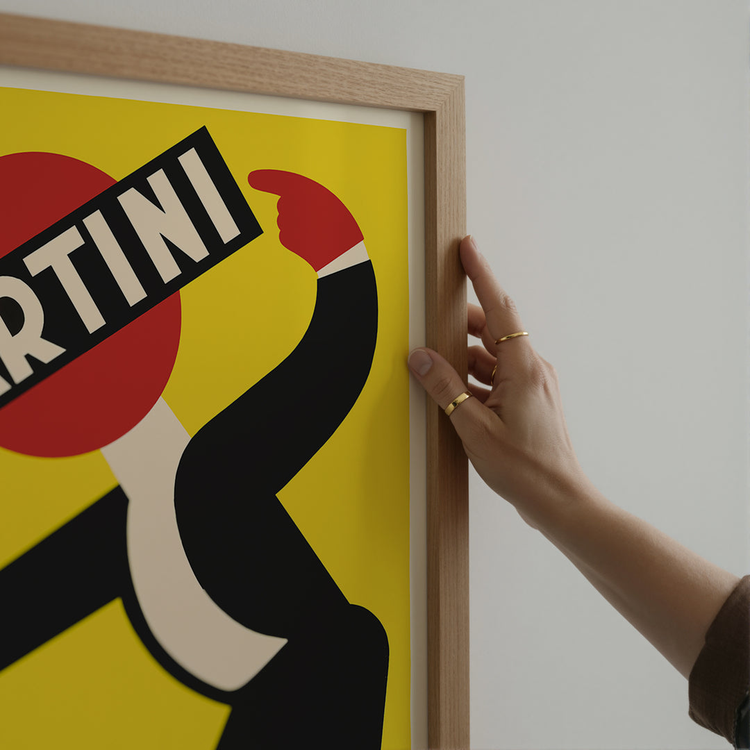 Martini Vermouth Advertisement Poster featuring vintage minimalist style with bold red, yellow, black colors in a framed poster.
