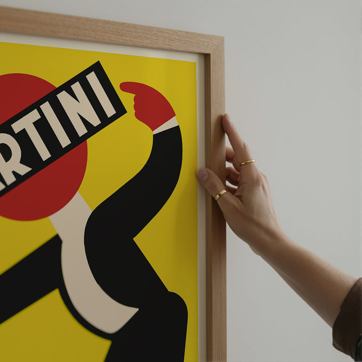 Martini Vermouth Advertisement Poster featuring vintage minimalist style with bold red, yellow, black colors in a framed poster.