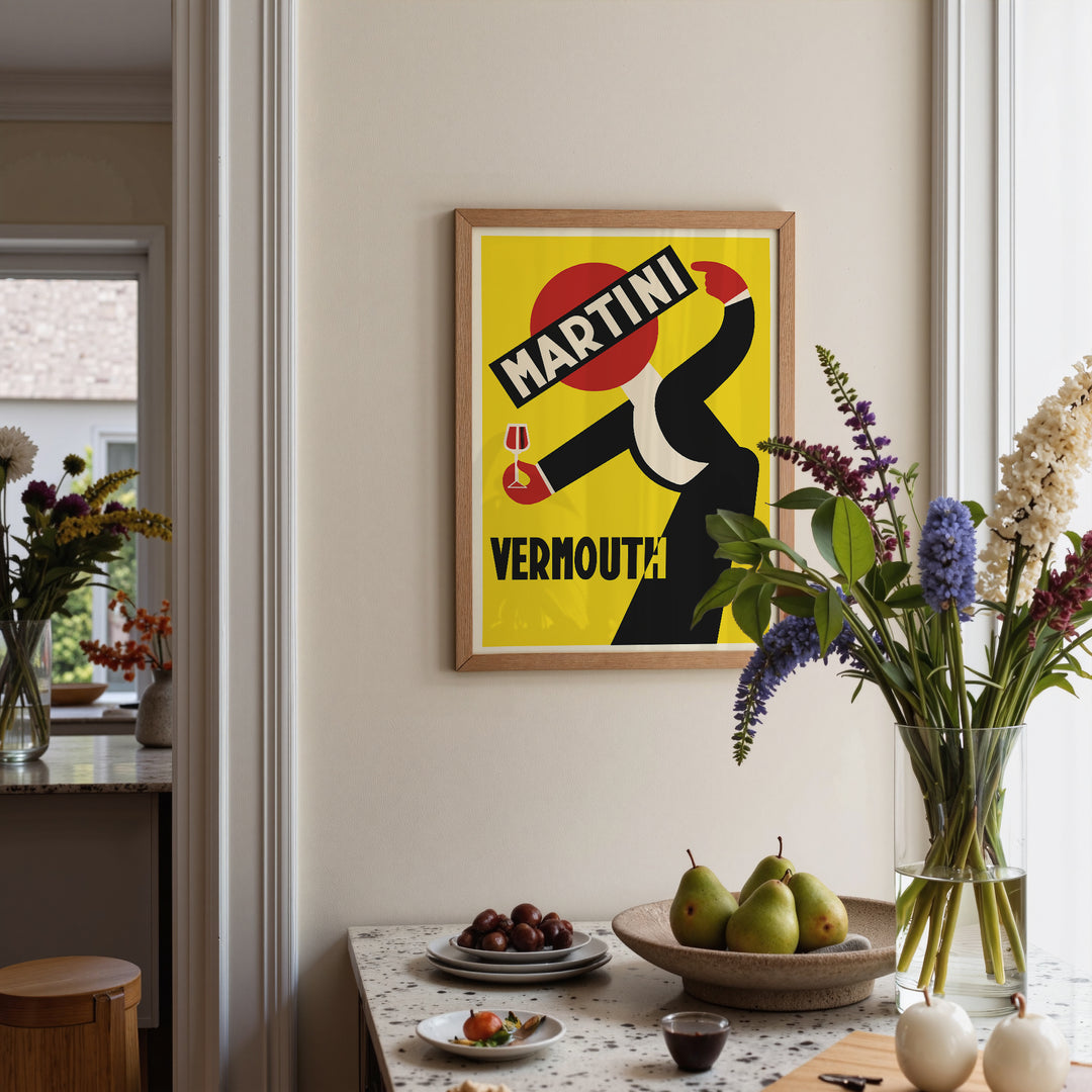 Martini Vermouth Advertisement Poster vintage style with bold yellow, red, and black colors framed wall art print.