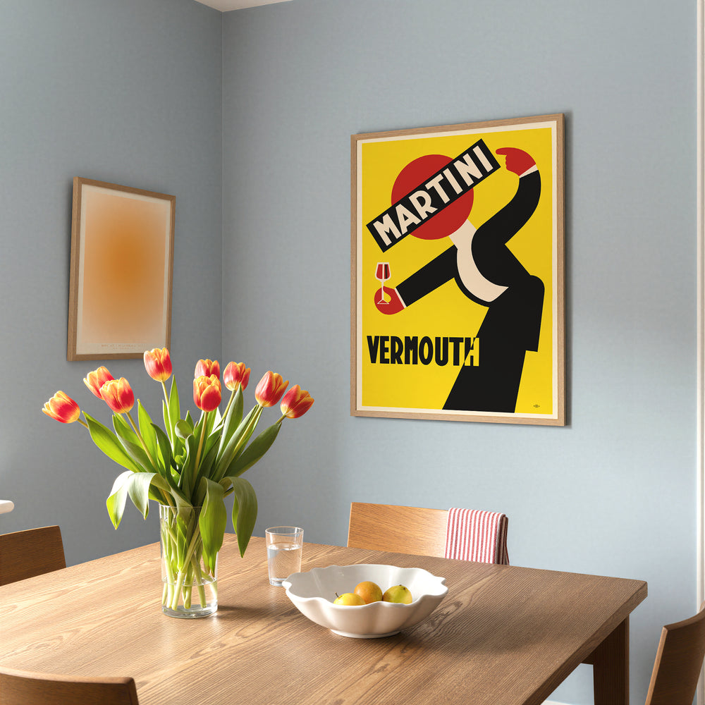 Martini Vermouth Advertisement Poster vintage style with bold black and red graphic on yellow background framed poster