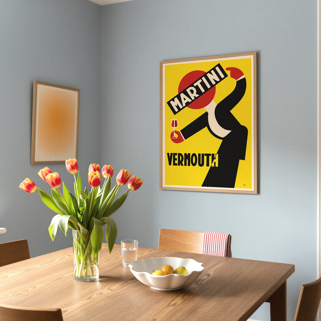 Martini Vermouth Advertisement Poster vintage style with bold black and red graphic on yellow background framed poster