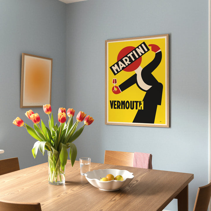 Martini Vermouth Advertisement Poster vintage style with bold black and red graphic on yellow background framed poster