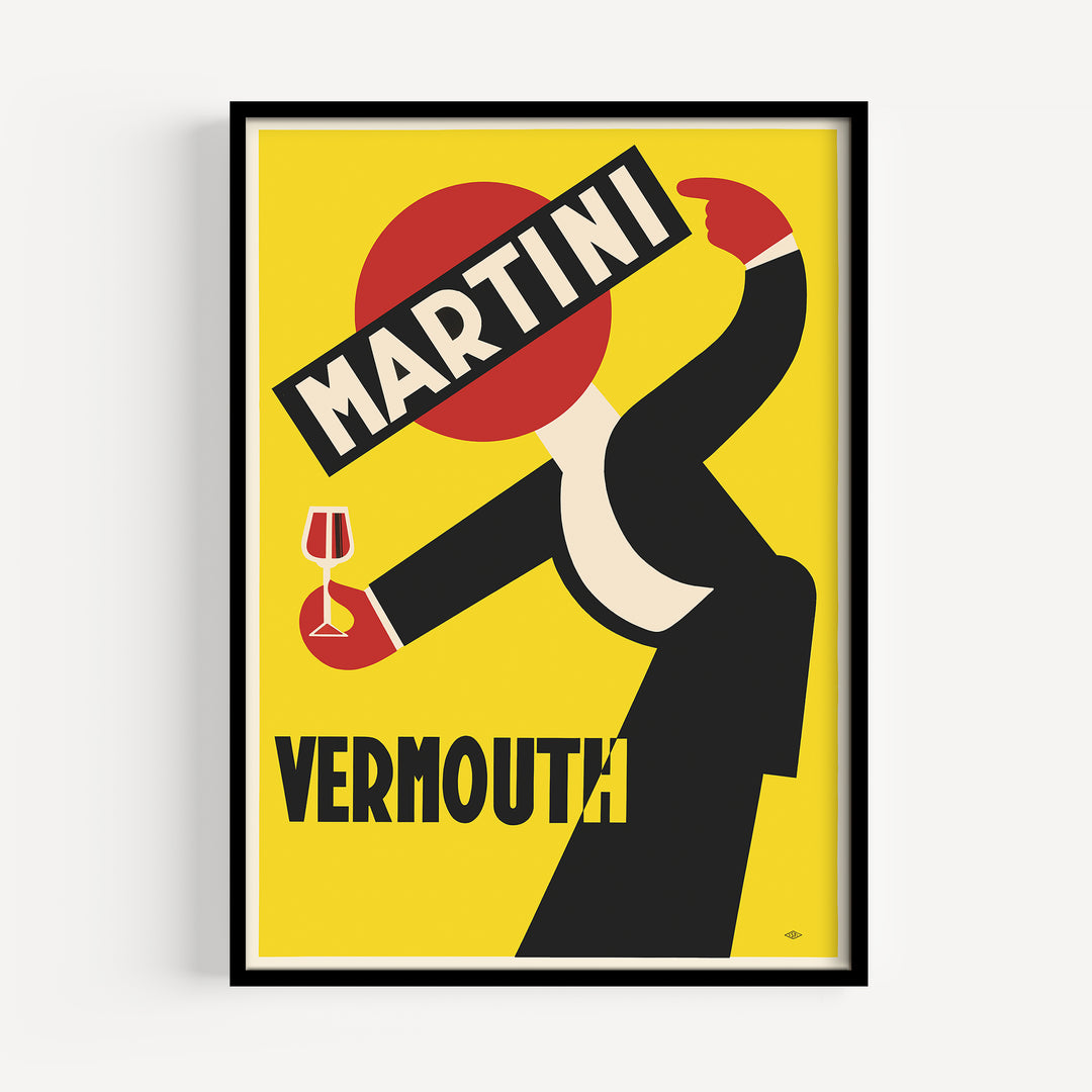 Martini Vermouth Advertisement Poster vintage minimalist art print with bold yellow, red, black colors and stylized figure holding a glass