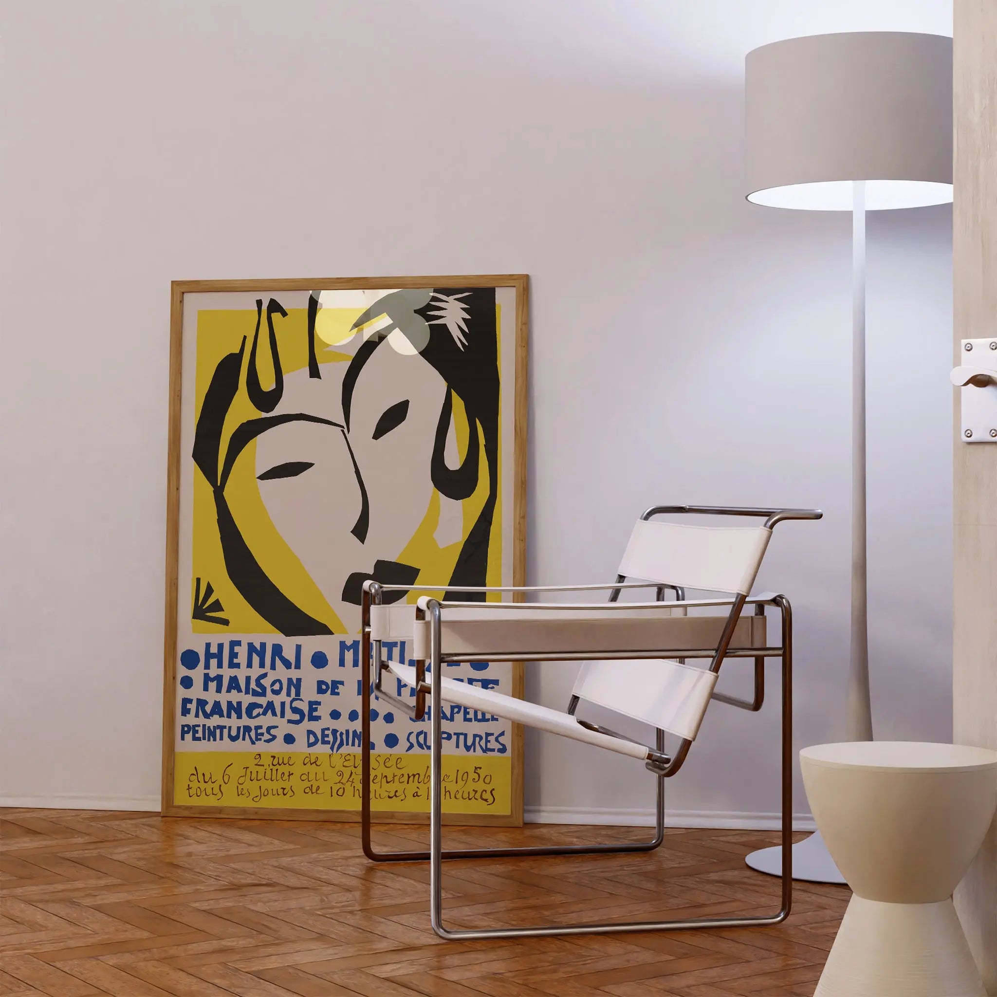 Matisse Maison de la Pensee Exhibition Poster featuring abstract minimalist face in black, yellow, and white framed poster