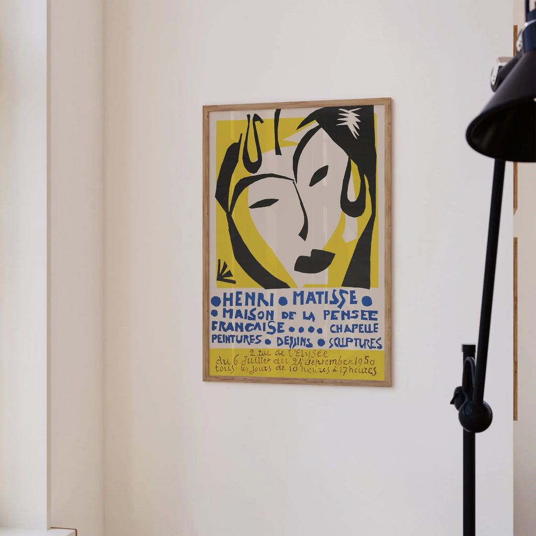 Matisse Maison de la Pensee Exhibition Poster with minimalist abstract face artwork in yellow, black, and white colors wall art