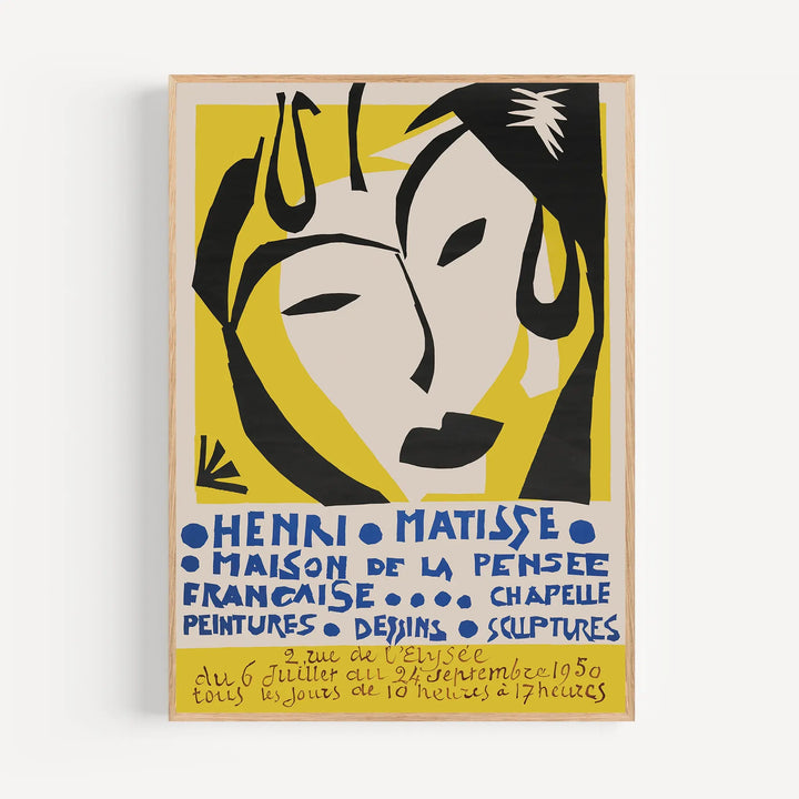 Matisse Maison de la Pensee Exhibition Poster featuring abstract face in black and yellow on beige background, modern art print.