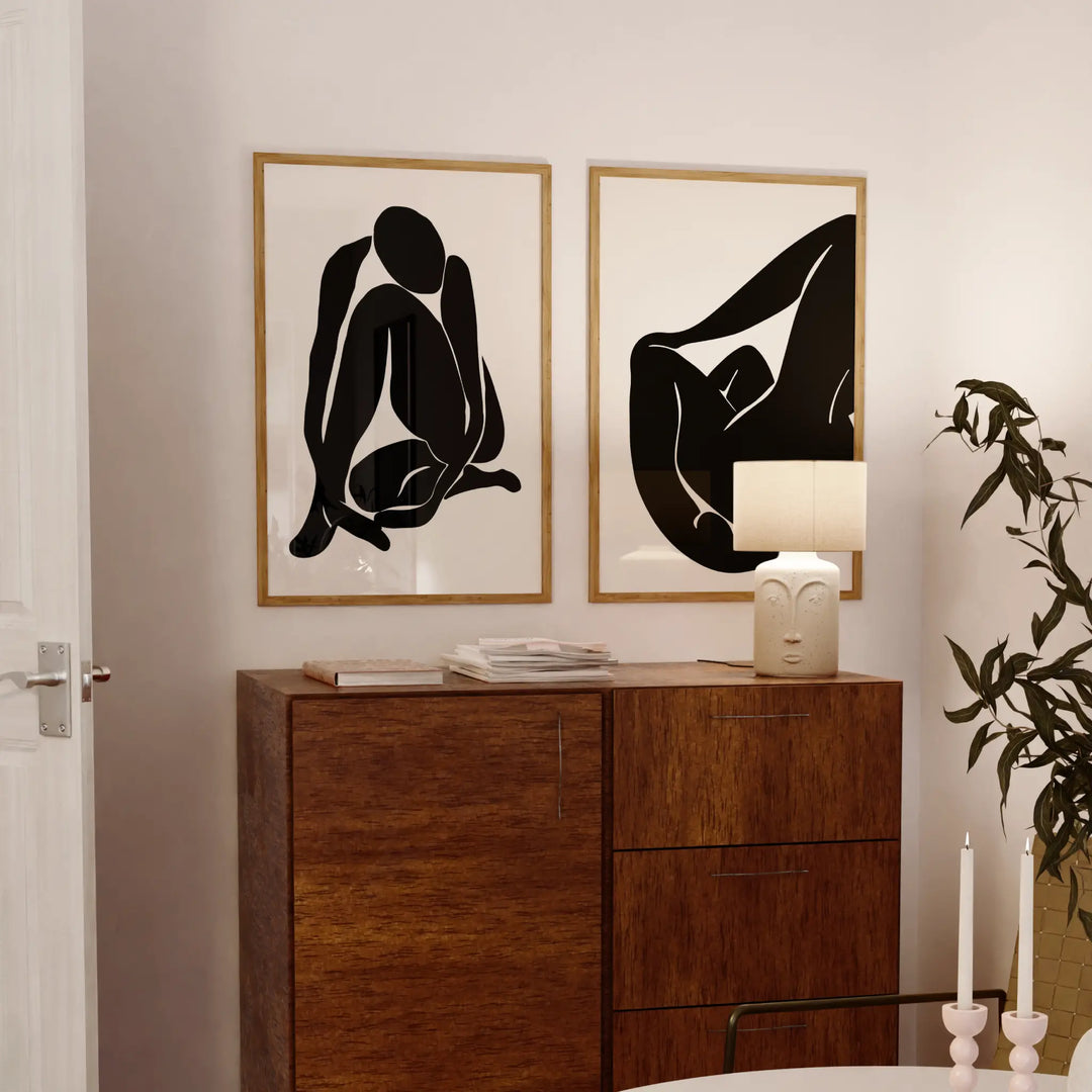 Matisse Women in Black Poster Set featuring minimalist black abstract female forms on white background art prints