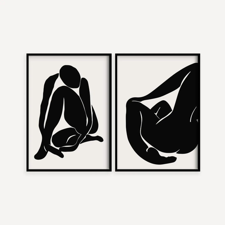 Matisse Women in Black Poster Set featuring minimalist black abstract female figure posters with white backgrounds and black frames