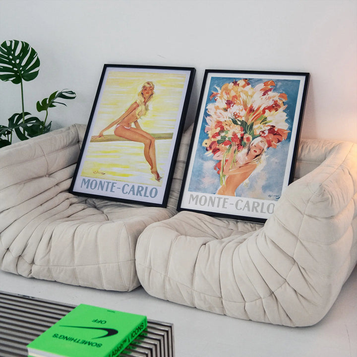 Monte-Carlo Poster Set featuring vintage style framed posters with pastel yellows and floral designs art prints.