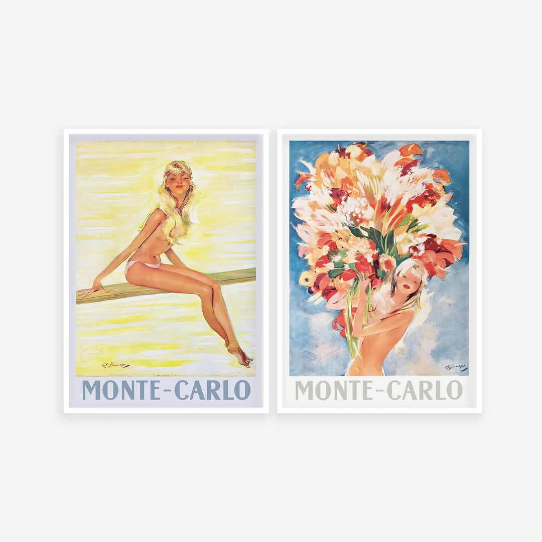 Monte-Carlo Poster Set featuring vintage pin-up and floral art prints in soft yellow, blue, and coral tones.