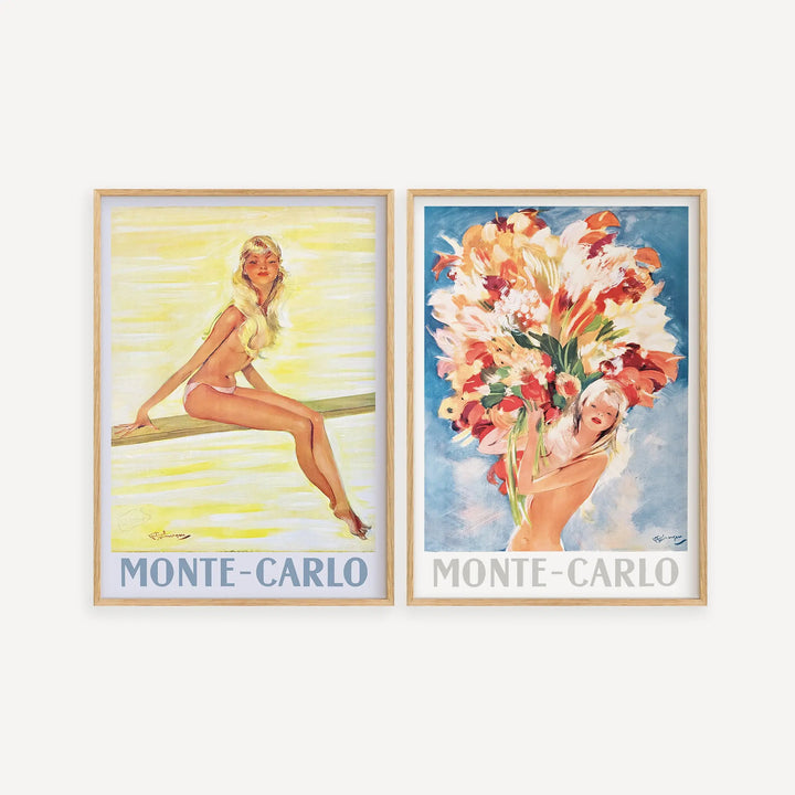 Monte-Carlo Poster Set featuring vintage-style art prints with pastel yellows and pinks, depicting women and floral themes.