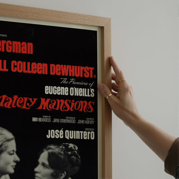 More Stately Mansions Play Poster vintage style with red and white text on black background framed wall art