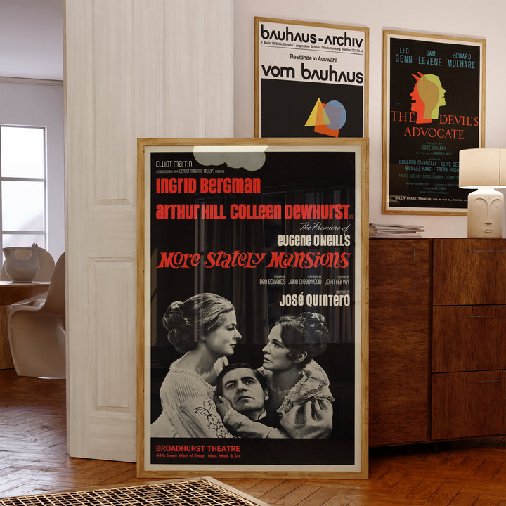 More Stately Mansions Play Poster featuring vintage typographic design in red and black with grayscale photo of three actors, framed wall art.