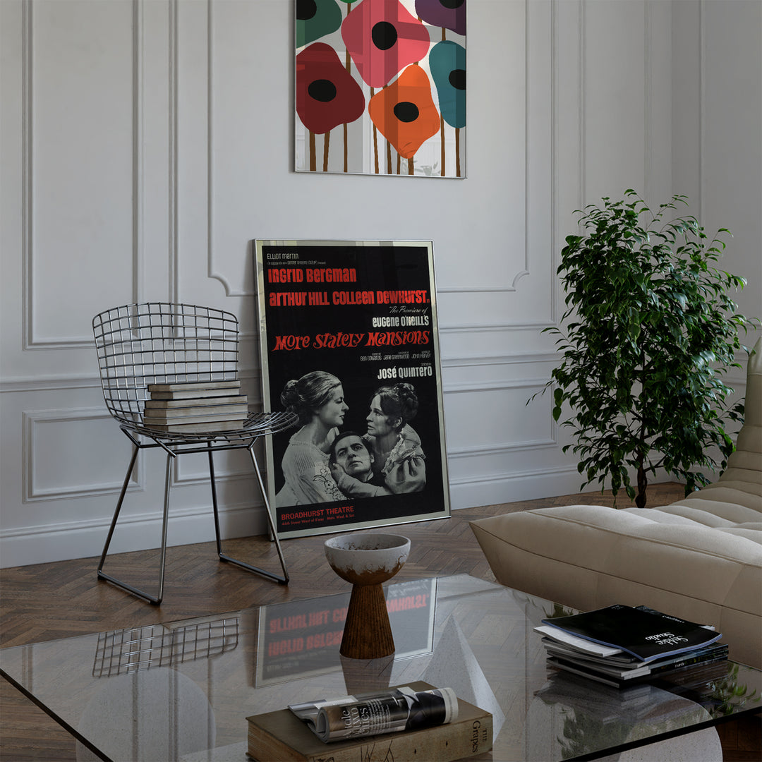 More Stately Mansions Play Poster vintage style in black, white, and red with dramatic portraits and text, framed poster.