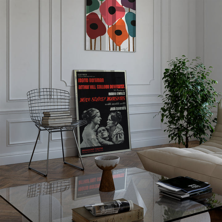 More Stately Mansions Play Poster vintage style in black, white, and red with dramatic portraits and text, framed poster.