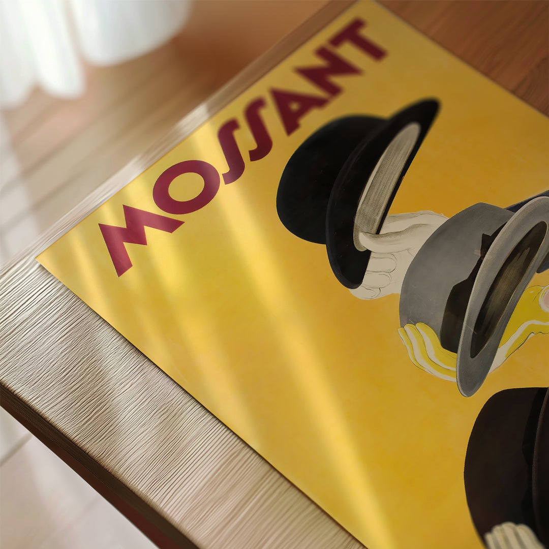 Mossant by Leonetto Cappiello Poster featuring vintage style with bold yellow background and black hats art print