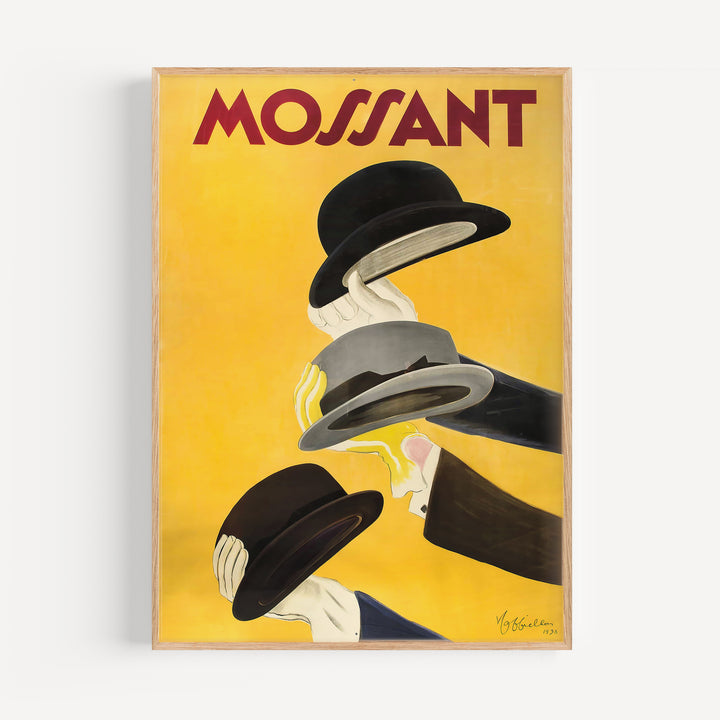 Mossant by Leonetto Cappiello Poster vintage style in yellow, black, and gray featuring hands holding hats art print