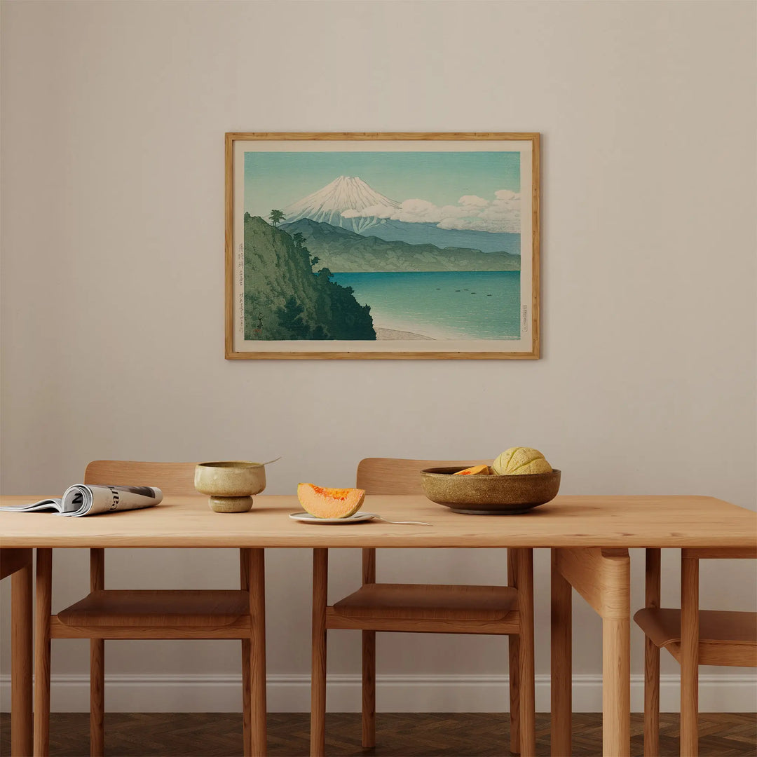 Mt Fuji from Satta Pass by Hasui Kawase Poster featuring minimalist style with green, blue, and white tones in a framed art print