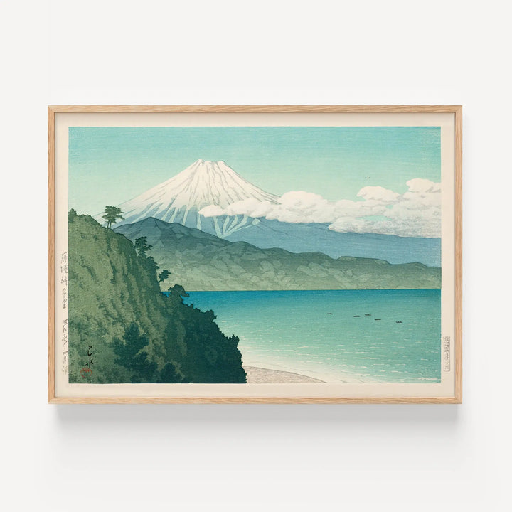 Mt Fuji from Satta Pass by Hasui Kawase Poster depicting a minimalist landscape with blue, green, and white tones.