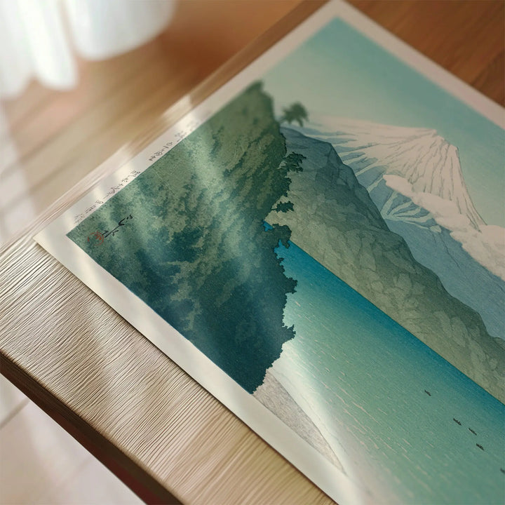 Mt Fuji from Satta Pass by Hasui Kawase Poster featuring minimalist blue and green tones in traditional Japanese art style wall art.