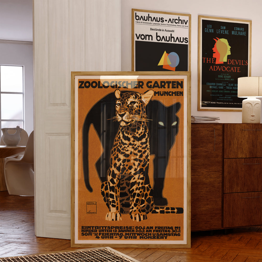 Munich Zoological Garden Poster vintage art print with leopard and black panther silhouettes in orange, black, and beige tones
