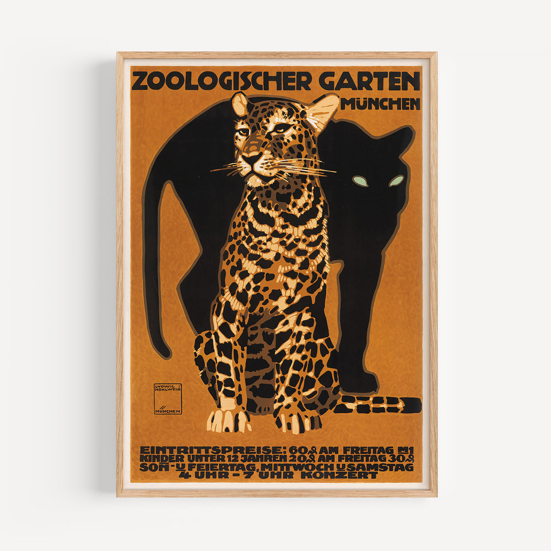 Munich Zoological Garden Poster vintage style with a detailed leopard and black panther silhouette on orange background wall art