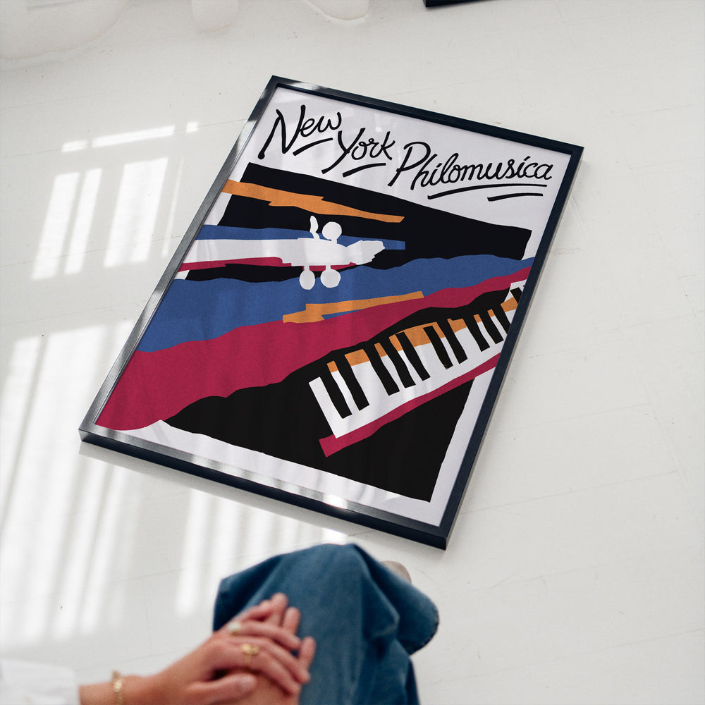 New York Philomusica abstract music print featuring piano keys and geometric shapes in vivid colour