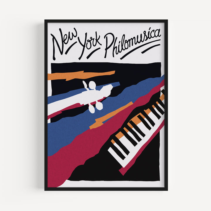 New York Philomusica abstract music art poster with geometric forms and bold primary colours