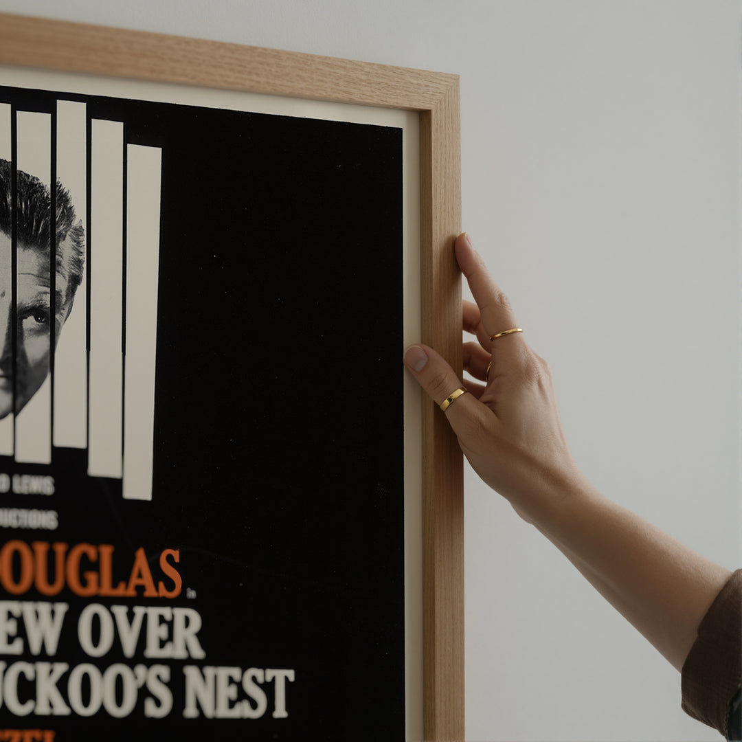 One Flew Over the Cuckoo's Nest Vintage Play Poster with black and white abstract design and orange text, framed wall art