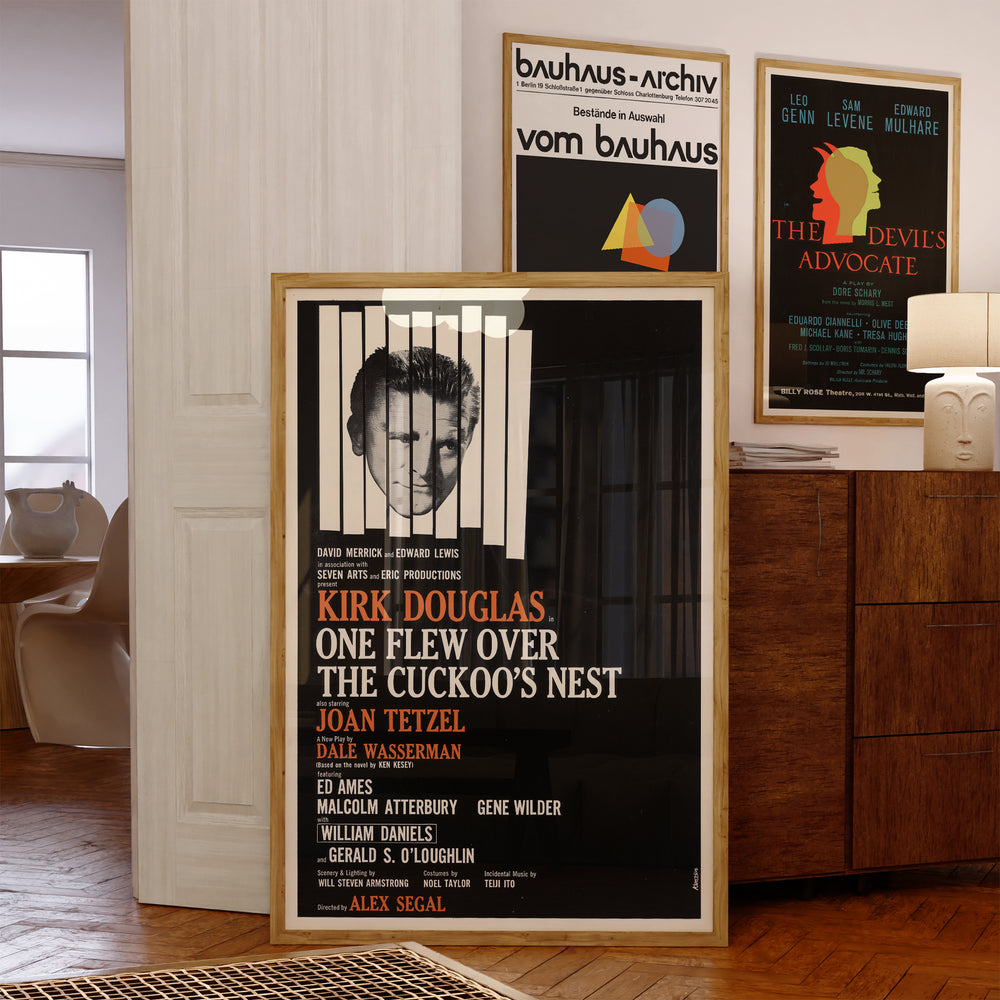 One Flew Over the Cuckoo's Nest Vintage Play Poster featuring minimalist black, white, and orange art print.