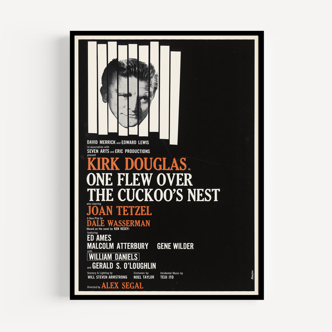 One Flew Over the Cuckoo's Nest Vintage Play Poster in vintage style with black, white, and orange colors, framed wall art print