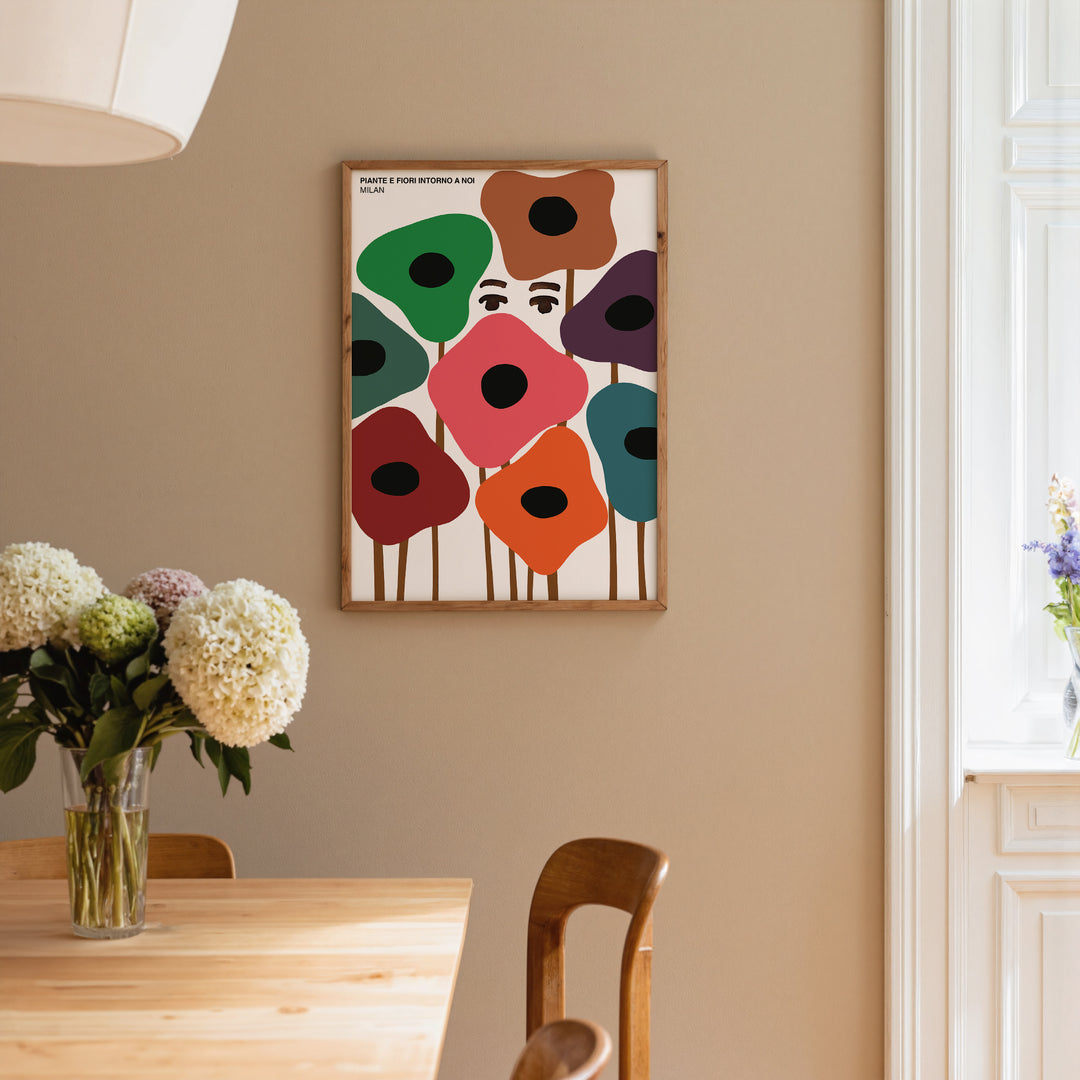 Piante e Fiori Intorno a Noi Poster, minimalist botanical art print with abstract multicolor flowers in framed poster style.