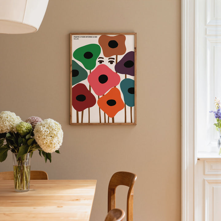 Piante e Fiori Intorno a Noi Poster, minimalist botanical art print with abstract multicolor flowers in framed poster style.