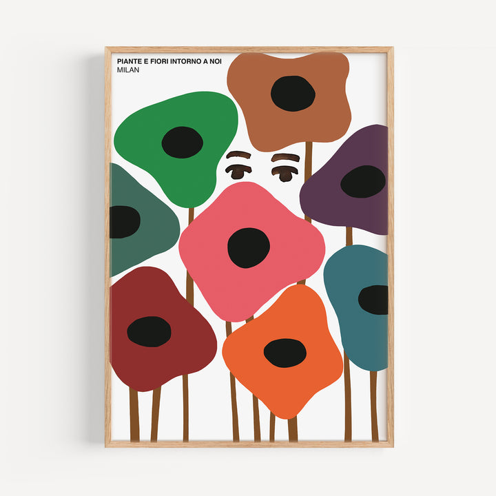 Piante e Fiori Intorno a Noi Poster with minimalist abstract flower shapes in green, red, orange, purple, and brown colors.