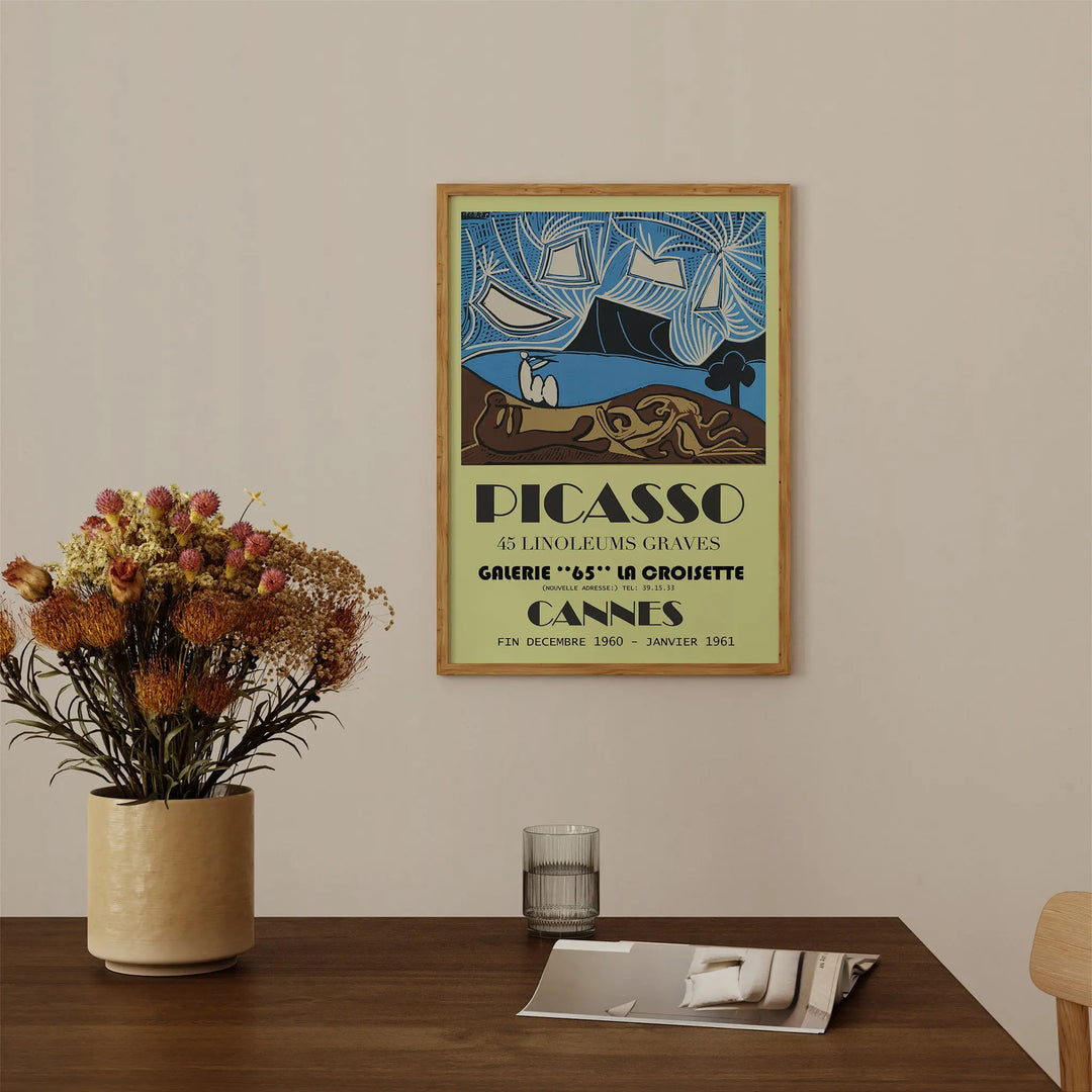 Picasso Cannes Exhibition Poster featuring abstract blue, brown, and black shapes in a framed vintage art print poster.