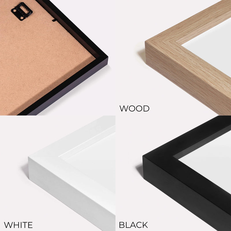Various types of picture frames including wood, white, and black on a light background.