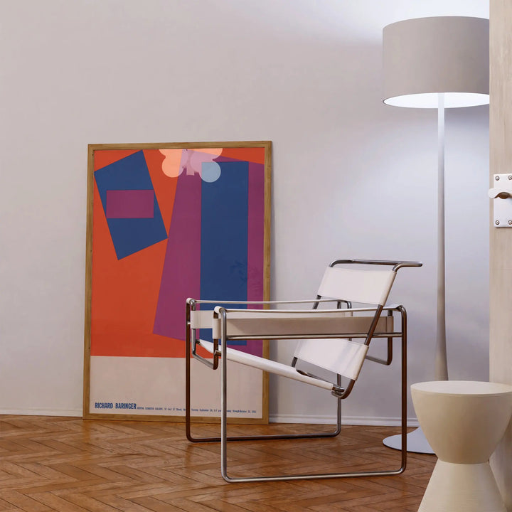 Richard Baringer Exhibition Poster abstract geometric design in red, purple, and blue tones framed poster.