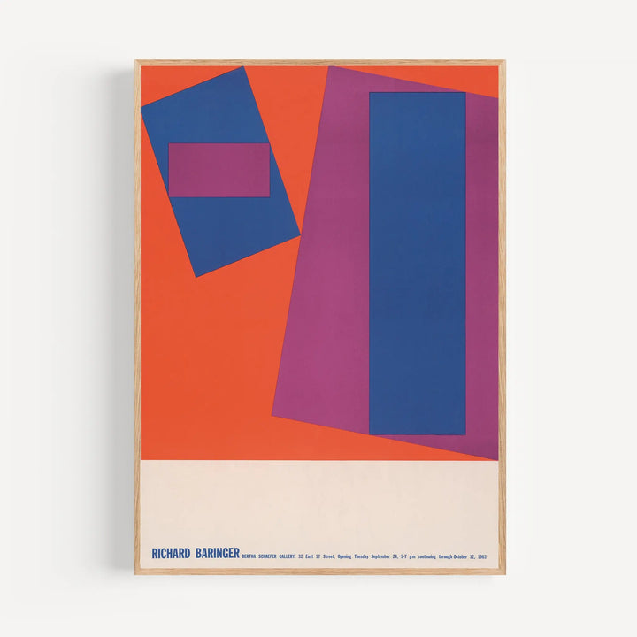 Richard Baringer Exhibition Poster with abstract geometric shapes in blue and purple on an orange background, art print.