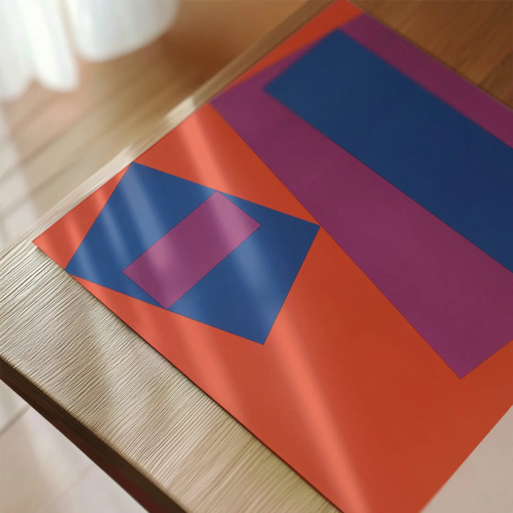 Richard Baringer Exhibition Poster with abstract geometric shapes in orange, blue, and purple minimalist art print.