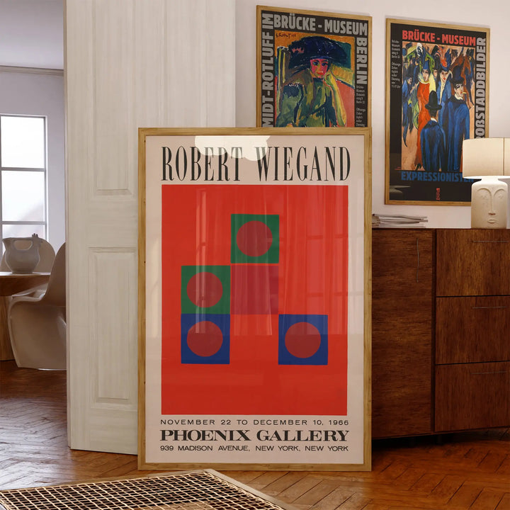 Robert Wiegand Phoenix Gallery Exhibition Poster with minimalist geometric shapes in red, blue, and green framed art print