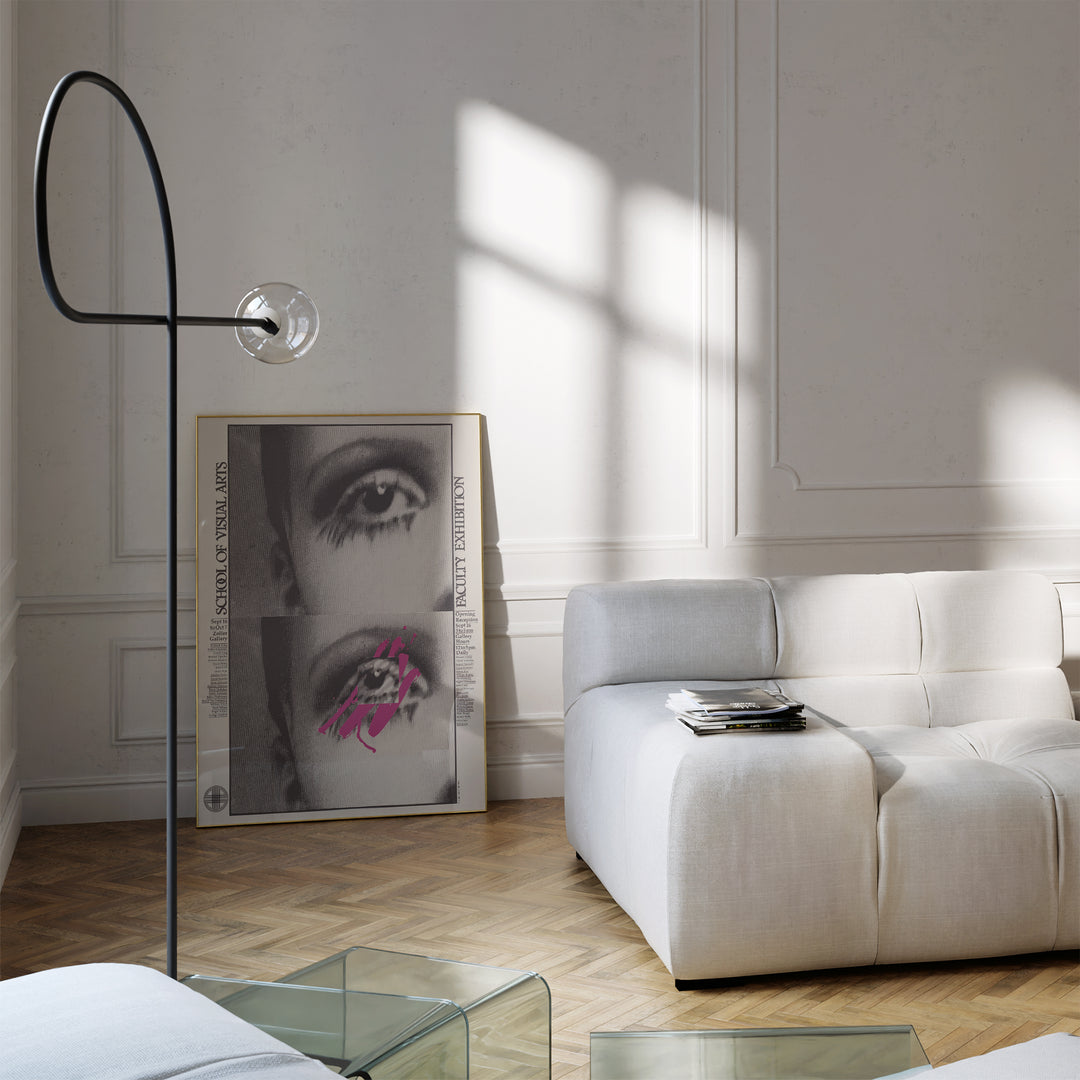 School of Visual Arts Faculty Exhibition Poster with black and white close-up eyes and pink abstract accents art print