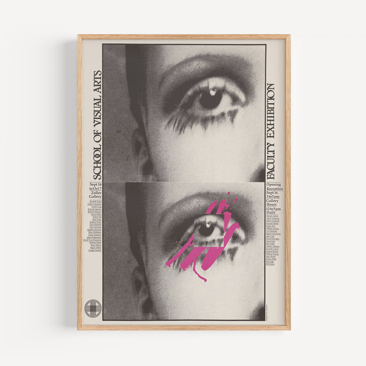 School of Visual Arts Faculty Exhibition Poster featuring grayscale abstract eyes with pink paint strokes, minimalist design art print